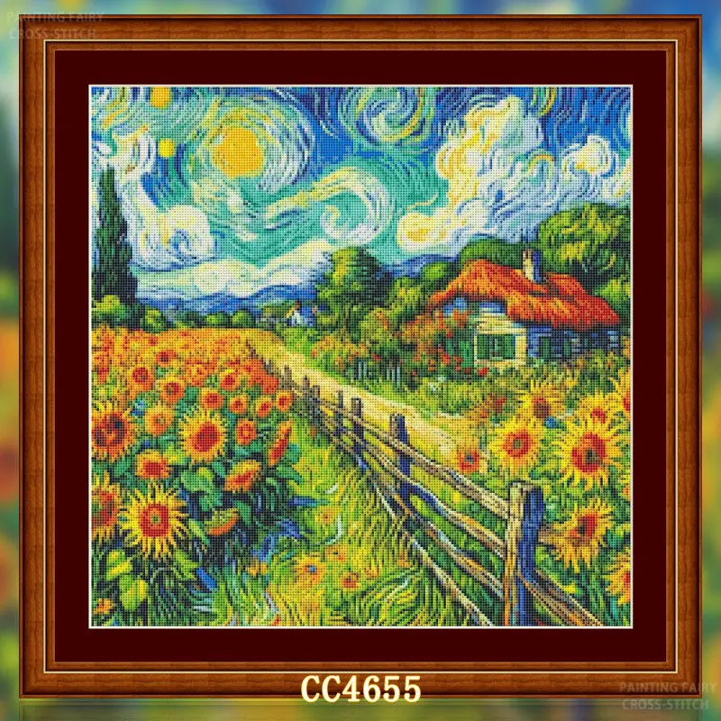 Cross Stitch Stamped Kits Beginners - [CC4656-Serie Van Gogh Fattoria di Girasoli]