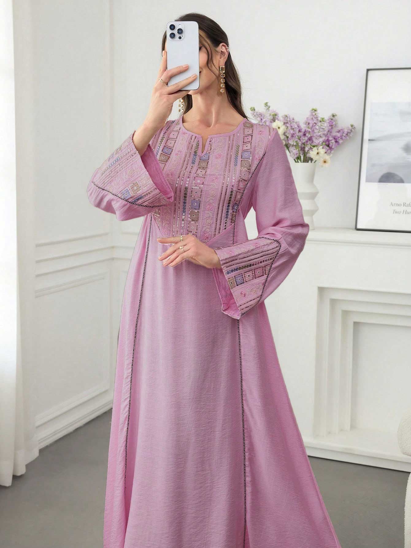 Embroidery - 2025 Abaya viola chiaro ispirato a