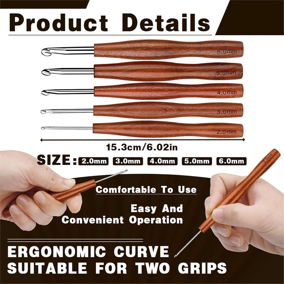 Wooden Crochet Hooks Ergonomic Handle - NOCM Set di 5 Uncinetti, Uncinetti